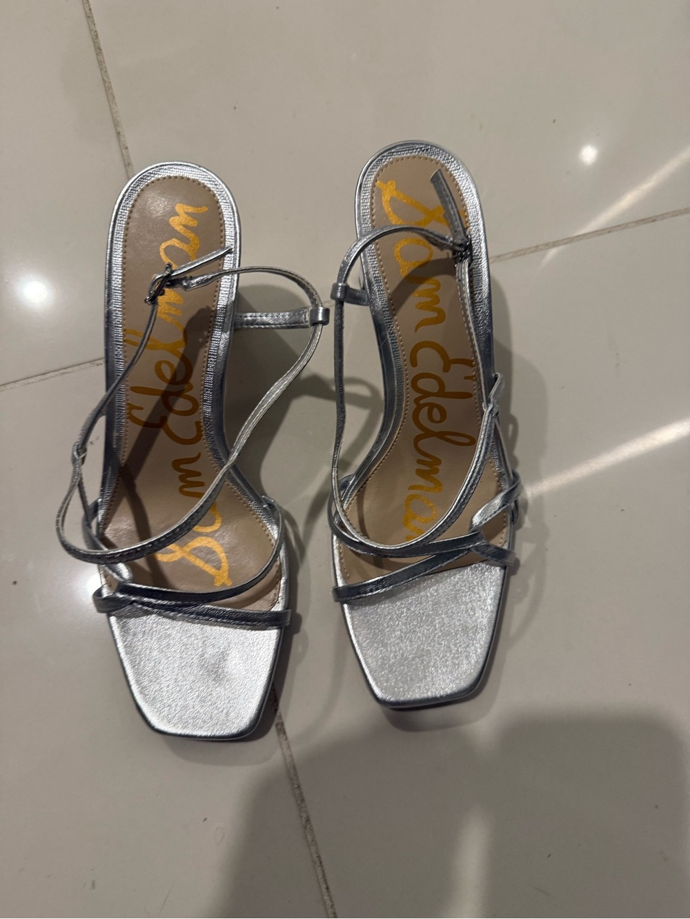 Sam Edelman Metallic Silver Strappy Square-Toe Heels